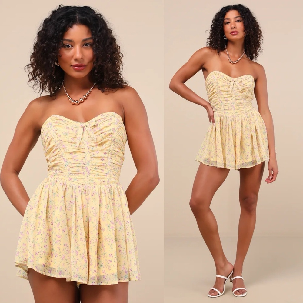 Floral Strapless Romper from Lulus in Marinella Yellow